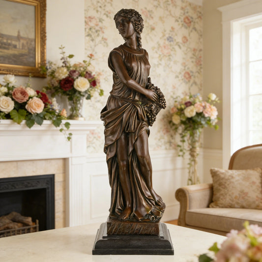 Solid bronze Greek goddess Demeter statue with grapes, classical harvest sculpture for luxury dining room decor.