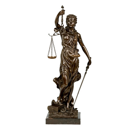 This handcrafted solid bronze Lady Justice sculpture is created by skilled artisans using the traditional lost-wax casting method. Each piece is individually hand-finished, giving it unique character and fine detail. The blindfold, scales, and sword symbolize fairness, balance, and legal authority. With its rich bronze patina and refined presence, it is ideal for law offices, executive desks, or professional decor.