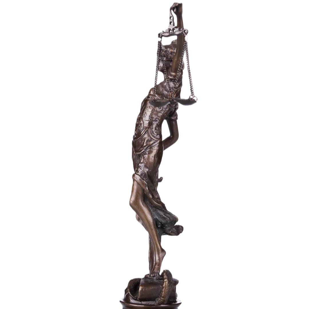 This bronze sculpture portrays Lady Justice (Justitia), the timeless symbol of law, fairness, and moral authority. Draped in a classical robe with finely sculpted folds, the figure conveys dignity and balance.