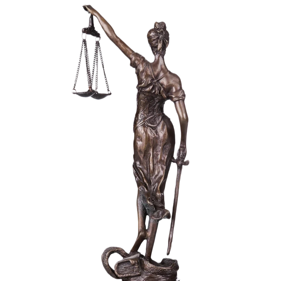 This bronze sculpture portrays Lady Justice (Justitia), the timeless symbol of law, fairness, and moral authority. Draped in a classical robe with finely sculpted folds, the figure conveys dignity and balance.