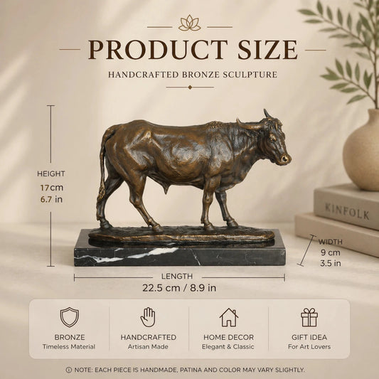 Realistic walking bronze bull sculpture with detailed anatomy and aged patina, walking animal statue on veined black marble base, loss wax casting fine art.