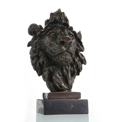 This powerful bronze lion bust is crafted using the traditional lost-wax casting method, capturing the animal’s head and upper neck with remarkable realism. The rich bronze patina highlights the lion’s piercing gaze, detailed whiskers, and dynamic, wind-swept mane, conveying strength and regal authority. The sculpture is mounted on a solid bronze block and dark marble plinth, enhancing its stability and grand presence.