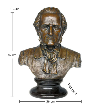 Realistic bronze bust of Richard Wagner, the revolutionary opera composer. Handcrafted sculpture with marble base—ideal for collectors, music lovers, and bold interiors.