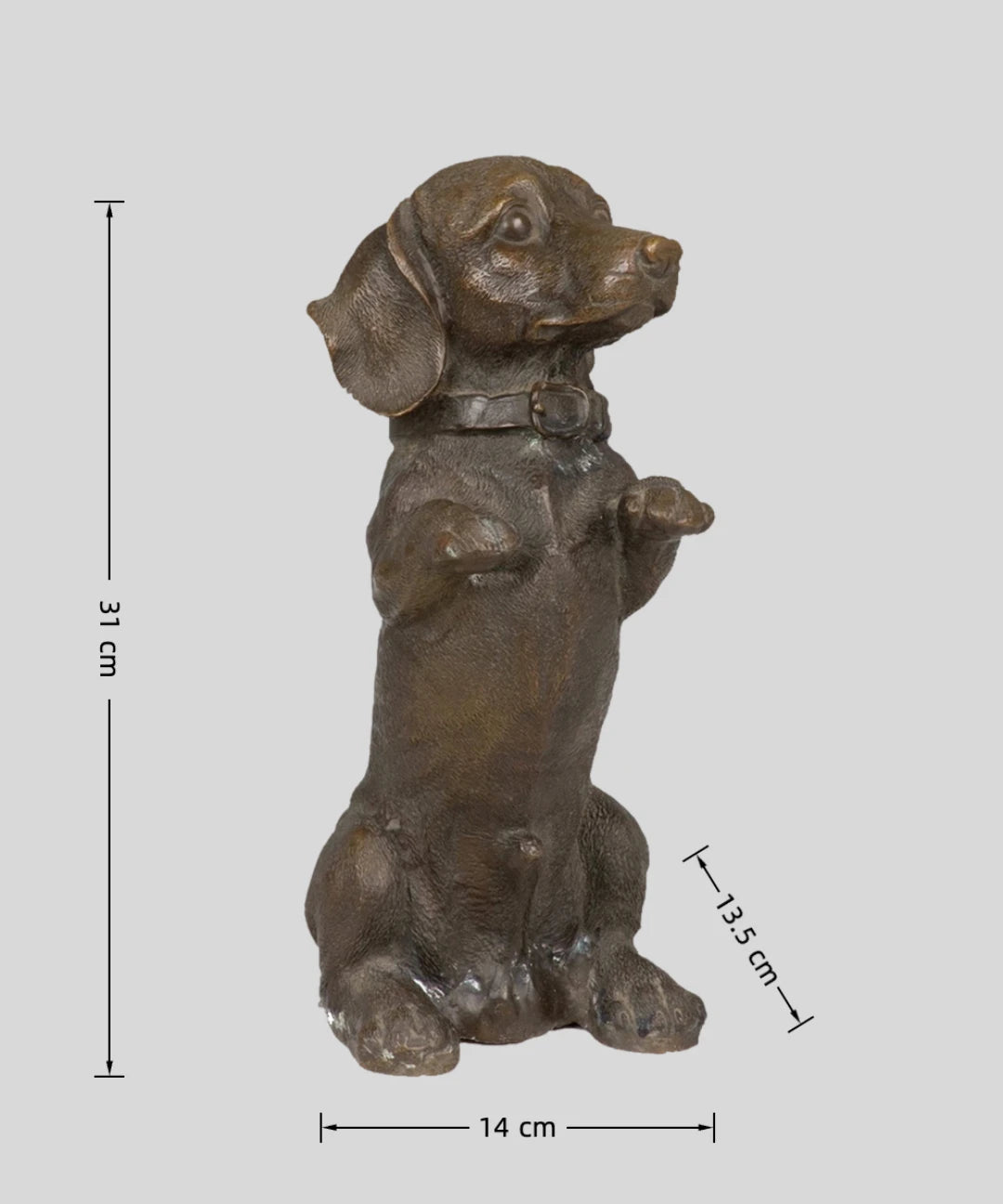 This charming bronze dachshund sculpture is crafted using the traditional lost-wax casting method, capturing the dog in a playful seated pose with its front paws raised. The warm bronze patina highlights its distinctive long body, short legs, floppy ears, and detailed collar. With an integrated bronze base for stability, this piece combines realism with whimsical character, making it a delightful accent for home decor or a thoughtful gift for dachshund lovers.