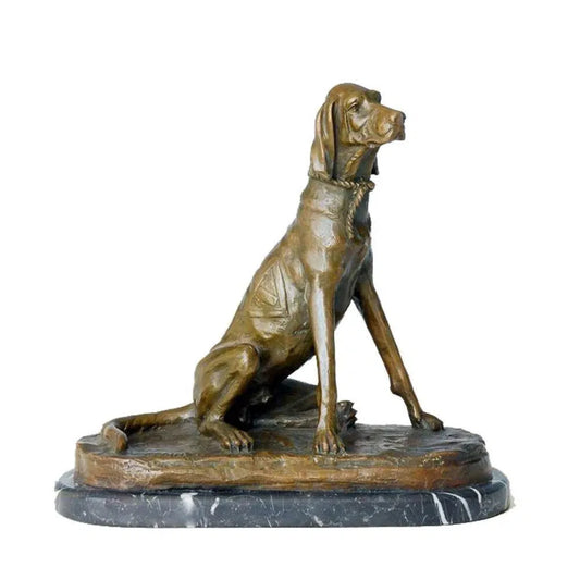 This stately bronze sculpture of a seated pointer dog is crafted using the traditional lost-wax casting method. The dog is portrayed in an alert upright pose, with its head slightly turned, expressing focus and refined poise characteristic of a hunting breed. The warm bronze patina highlights its lean musculature, smooth short coat, and detailed rope collar. 