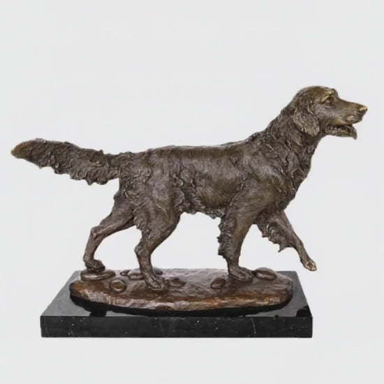 This dynamic bronze golden retriever sculpture is crafted using the traditional lost-wax casting method, capturing the dog mid-stride with lively movement and alert expression. The warm bronze patina highlights the flowing texture of its long coat and the natural musculature of its form. Set on a sleek dark marble base, the sculpture combines realism and elegance, making it a charming decorative piece for home interiors or a thoughtful gift for dog lovers.