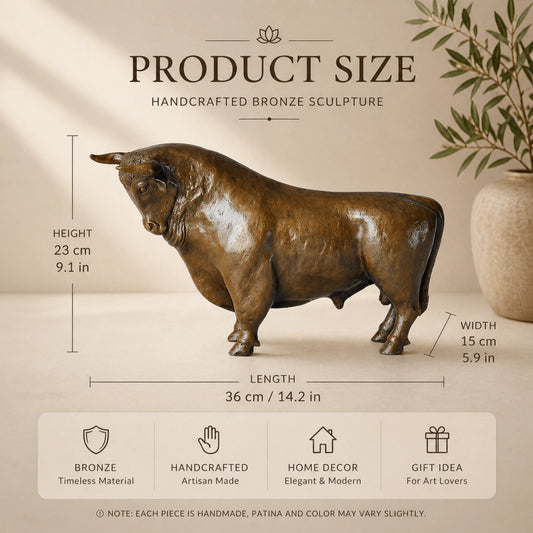 Lifelike standing bronze bull  statue with muscular anatomy, realistic animal sculpture with warm brown patina, loss wax casting fine art for office decor.