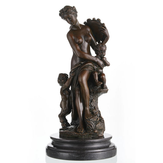 Solid bronze Bacchante sculpture with child and satyr, classical mythology mother and child art on black marble base.