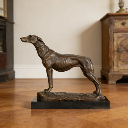 The greyhound symbolizes speed, elegance, nobility, and discipline. Historically associated with aristocracy and hunting traditions, it represents refined power and controlled strength. This sculpture conveys vigilance, confidence, and timeless sophistication.