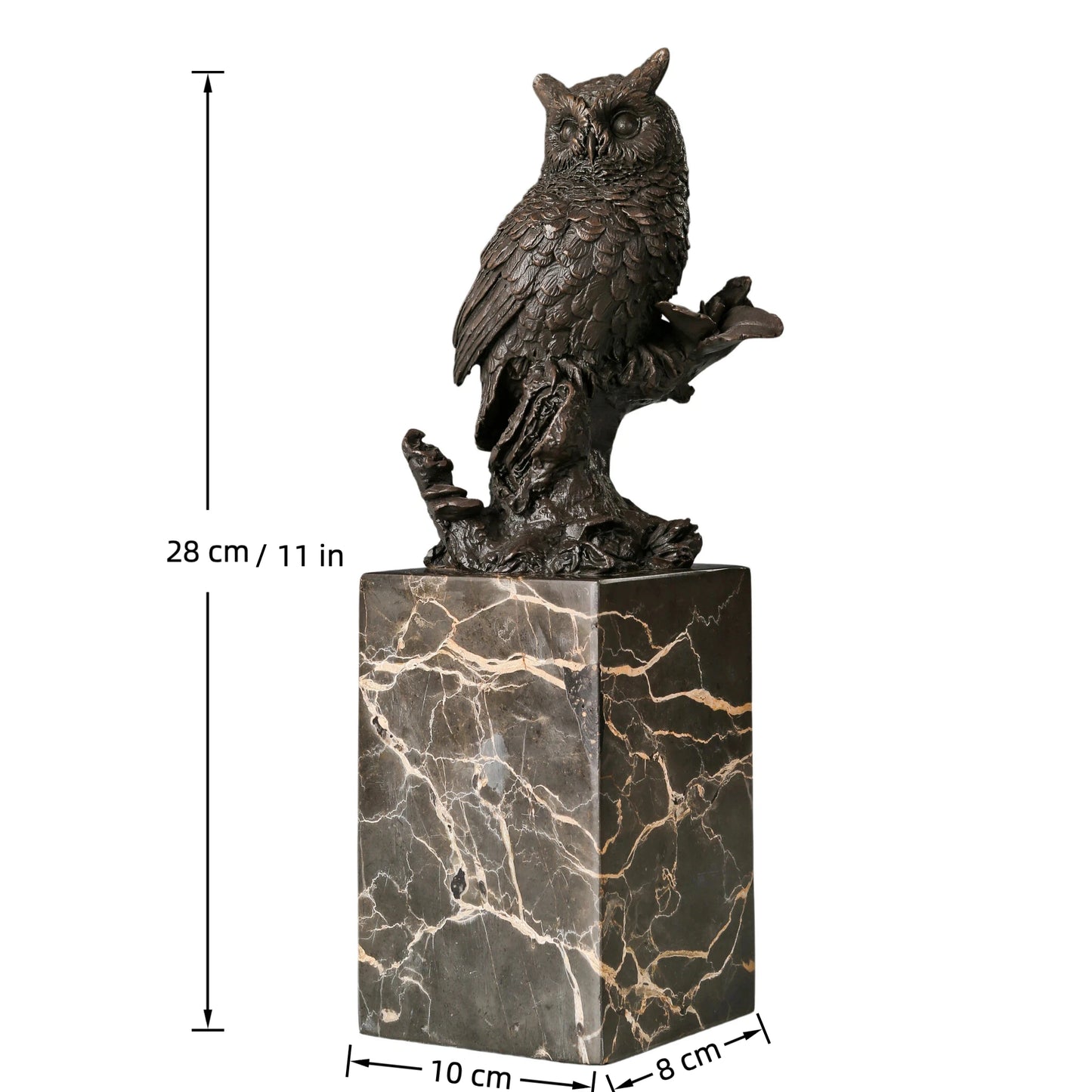 Handcrafted realistic bronze owl sculpture perched on a tree stump with marble base. A timeless symbol of wisdom, perfect for home, library, or office decor.